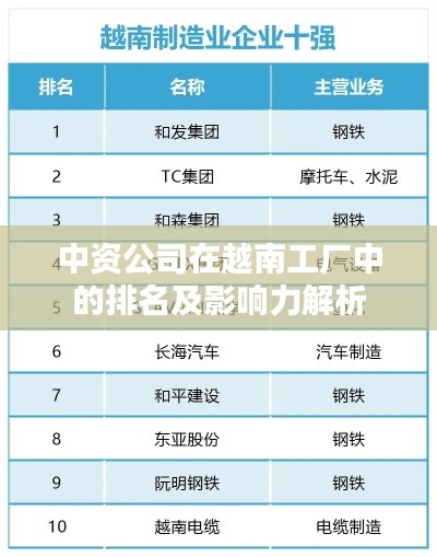 中资公司在越南工厂中的排名及影响力解析